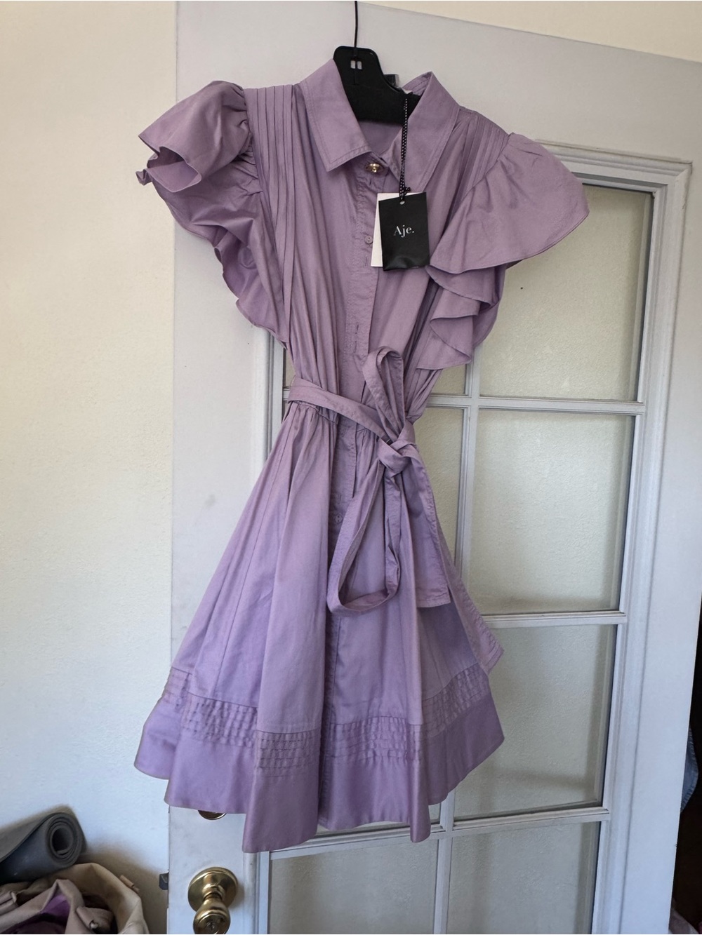 Aje Lilac Ruffle Tie-Waist Mini Dress